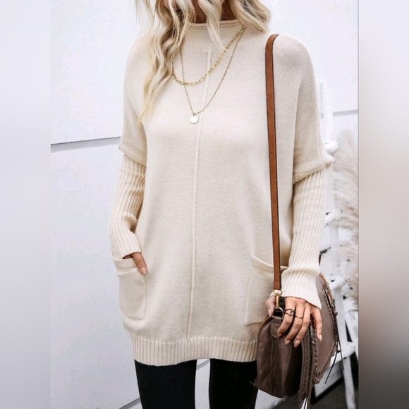 New Chic Oversized Knit Mock Neck Tunic Sweater Ivory Cream Beige - Picture 6 of 8